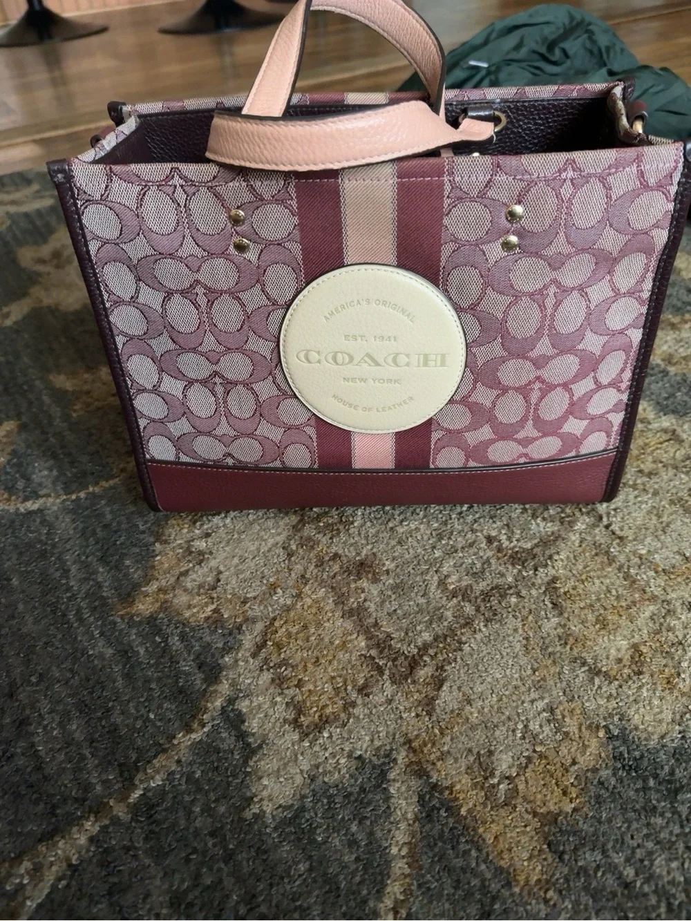 Coach Pink and Burgundy Signature Canvas Tote with Cream Logo Patch